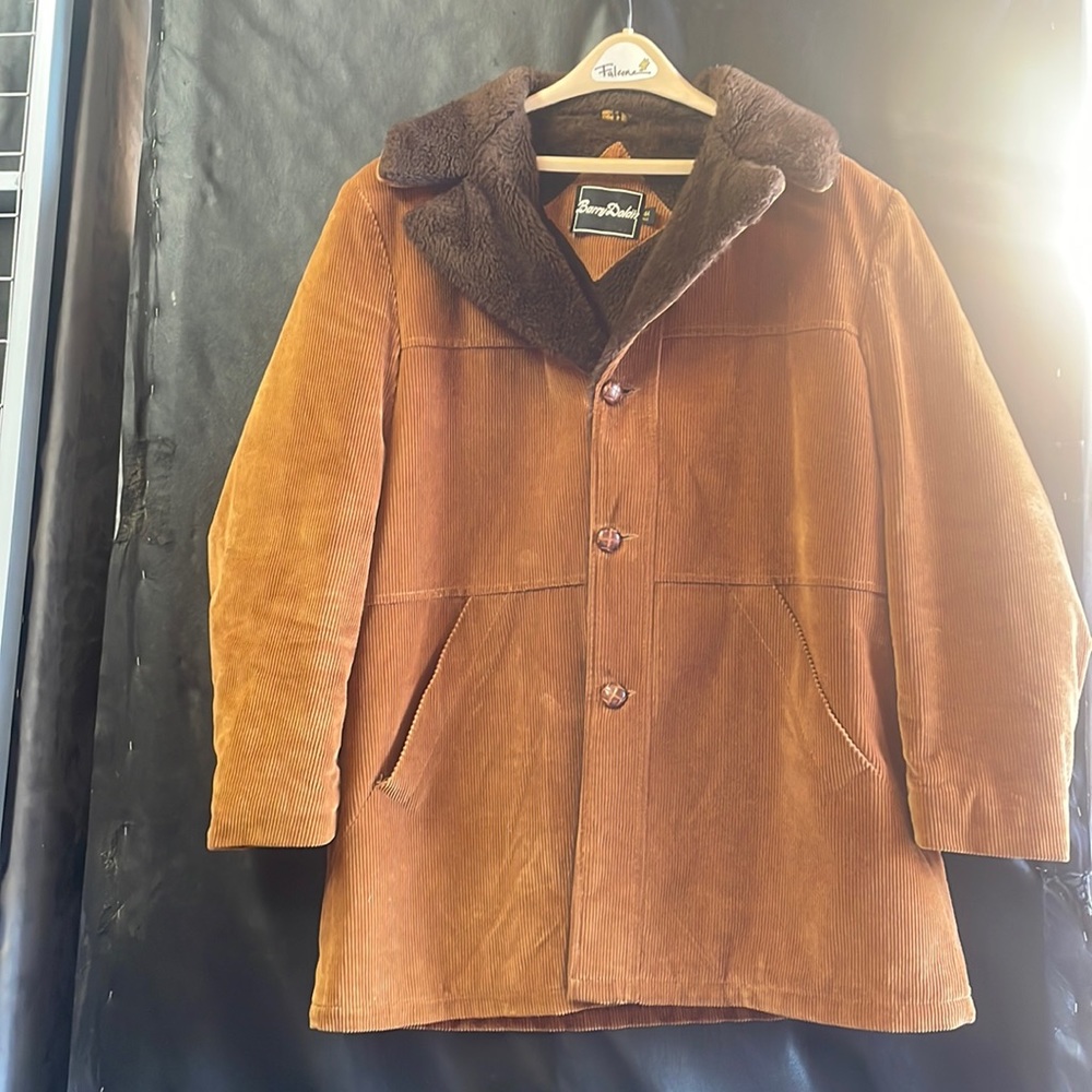 Corduroy Puffer Coat with Faux Fur Collar - Brown